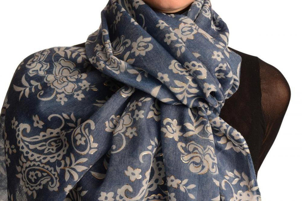 Liss Kiss White Paisley With Gold Trim On Blue Scarf - Scarf