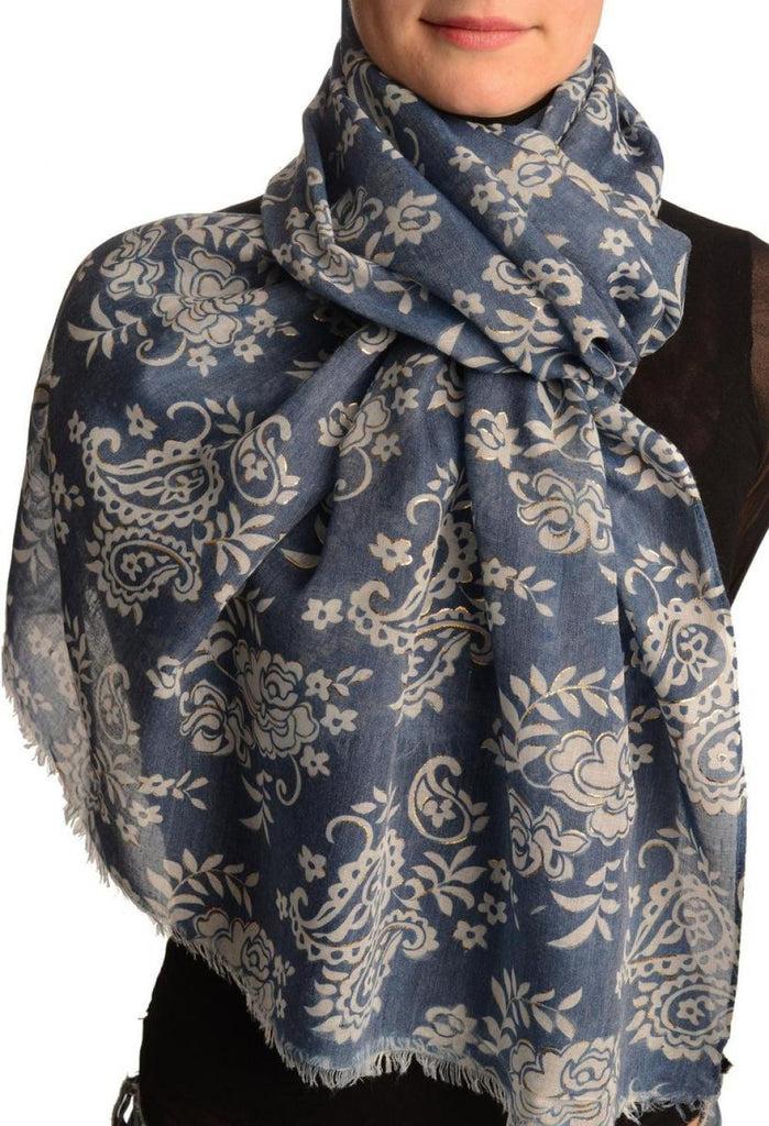 liss kiss White Paisley With Gold Trim On Blue Scarf - Scarf