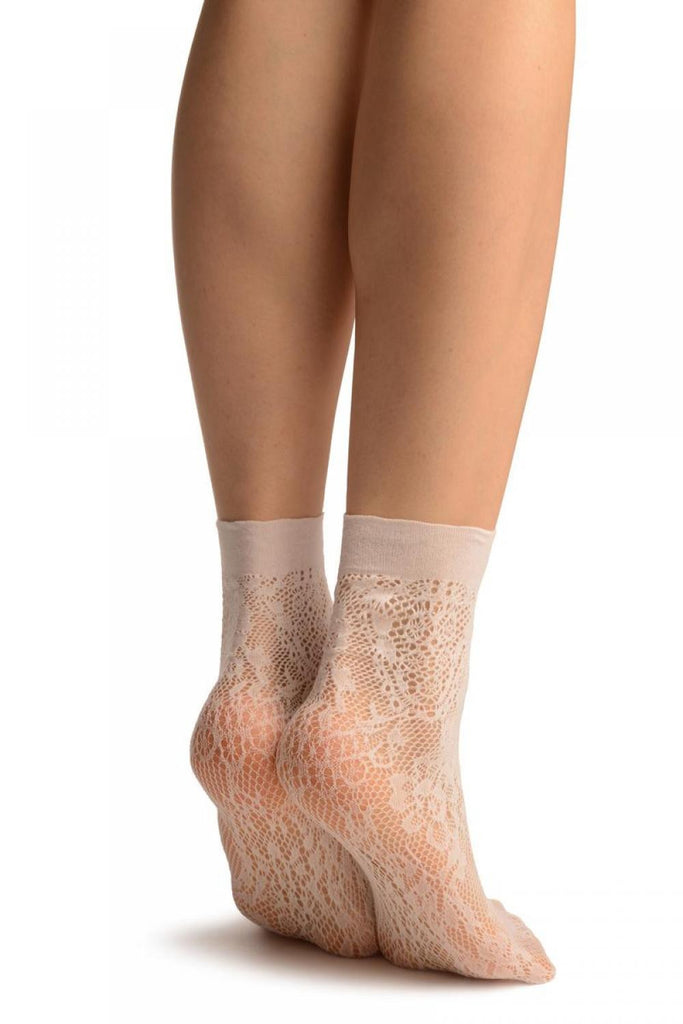 Liss Kiss White Pearls & Flowers Lace Socks Ankle High - Socks
