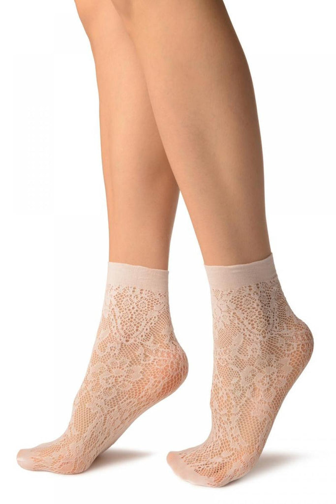 Liss Kiss White Pearls & Flowers Lace Socks Ankle High - Socks