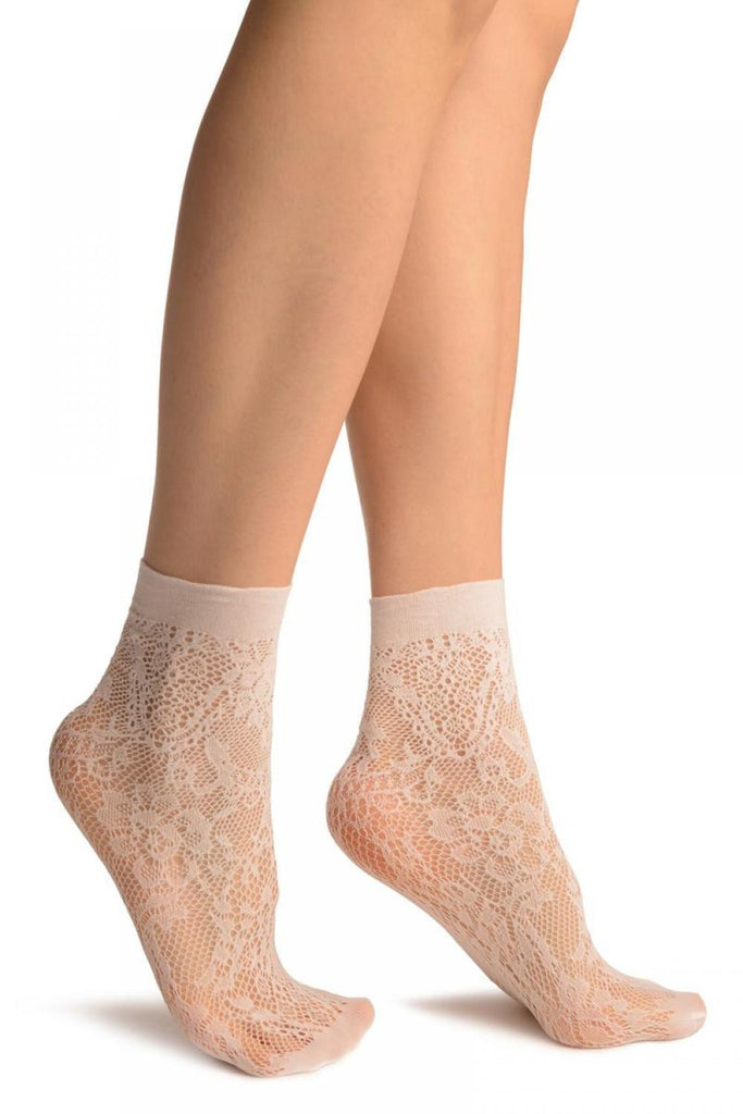 liss kiss White Pearls & Flowers Lace Socks Ankle High - Socks