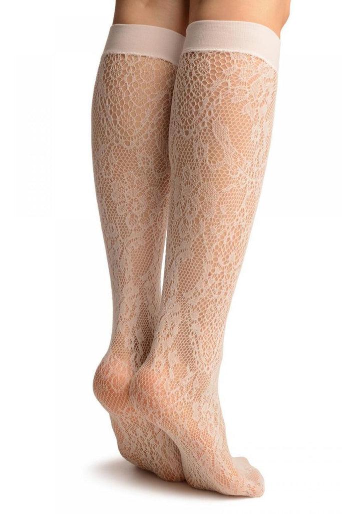 Liss Kiss White Pearls & Flowers Lace Socks Knee High - Socks