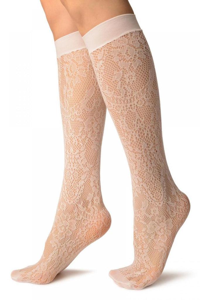 Liss Kiss White Pearls & Flowers Lace Socks Knee High - Socks
