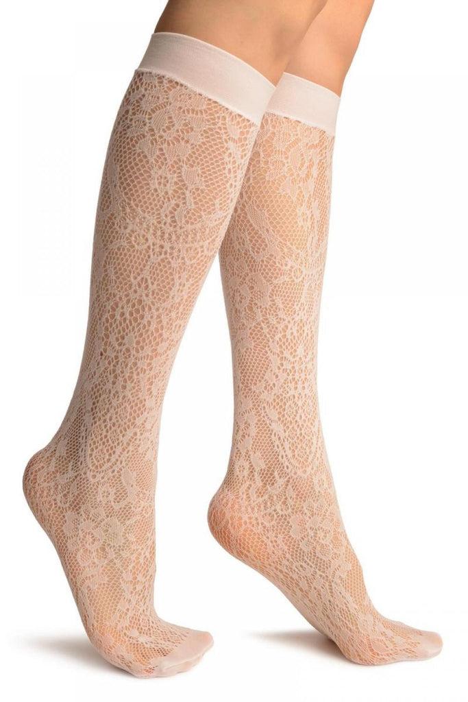 liss kiss White Pearls & Flowers Lace Socks Knee High - Socks