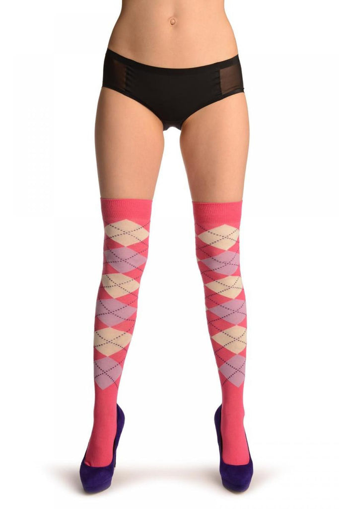 Liss Kiss White Pink & Lilac Argyle - Over The Knee Socks