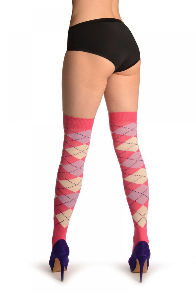 Liss Kiss White Pink & Lilac Argyle - Over The Knee Socks