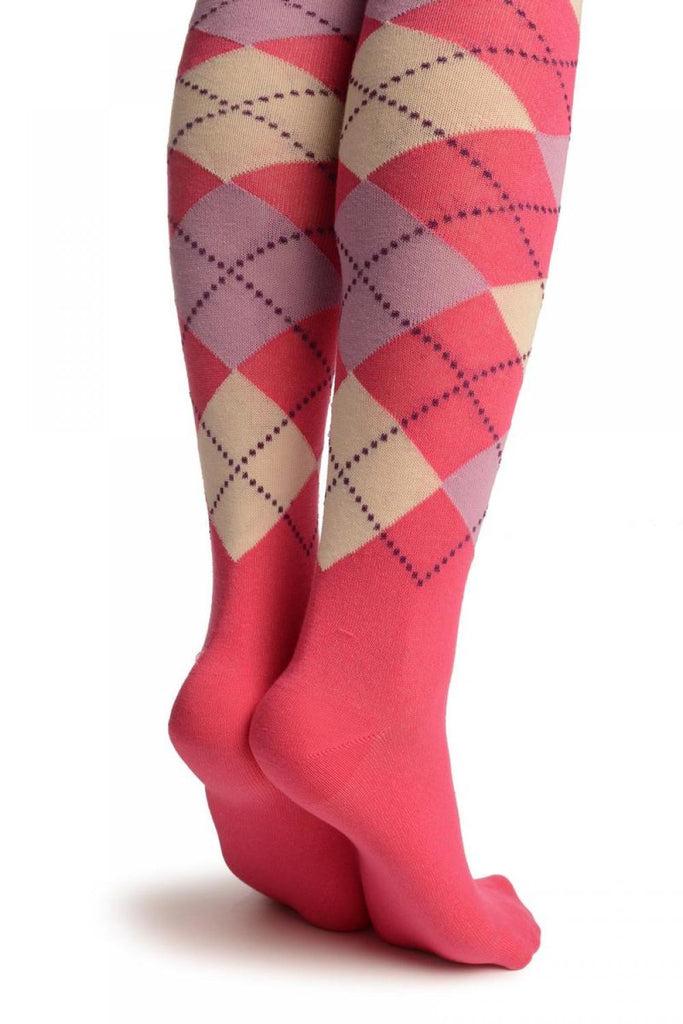 Liss Kiss White Pink & Lilac Argyle - Over The Knee Socks