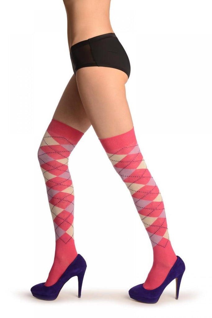 liss kiss White Pink & Lilac Argyle - Over The Knee Socks