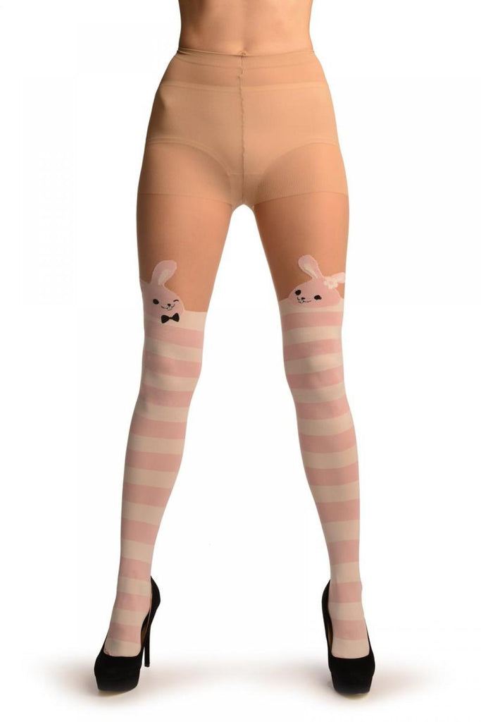 Liss Kiss White & Pink Stripes And Smiling Bunnies Faux Stocking - Tights