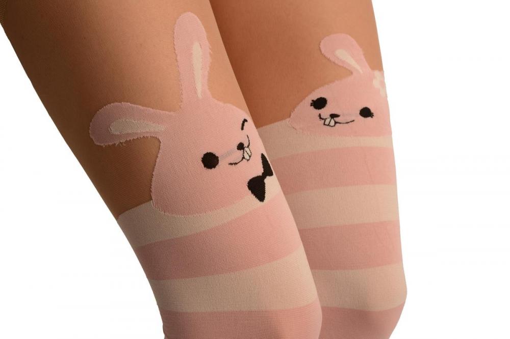 Liss Kiss White & Pink Stripes And Smiling Bunnies Faux Stocking - Tights