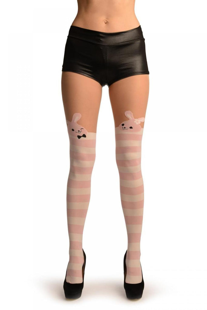 liss kiss White & Pink Stripes And Smiling Bunnies Faux Stocking - Tights