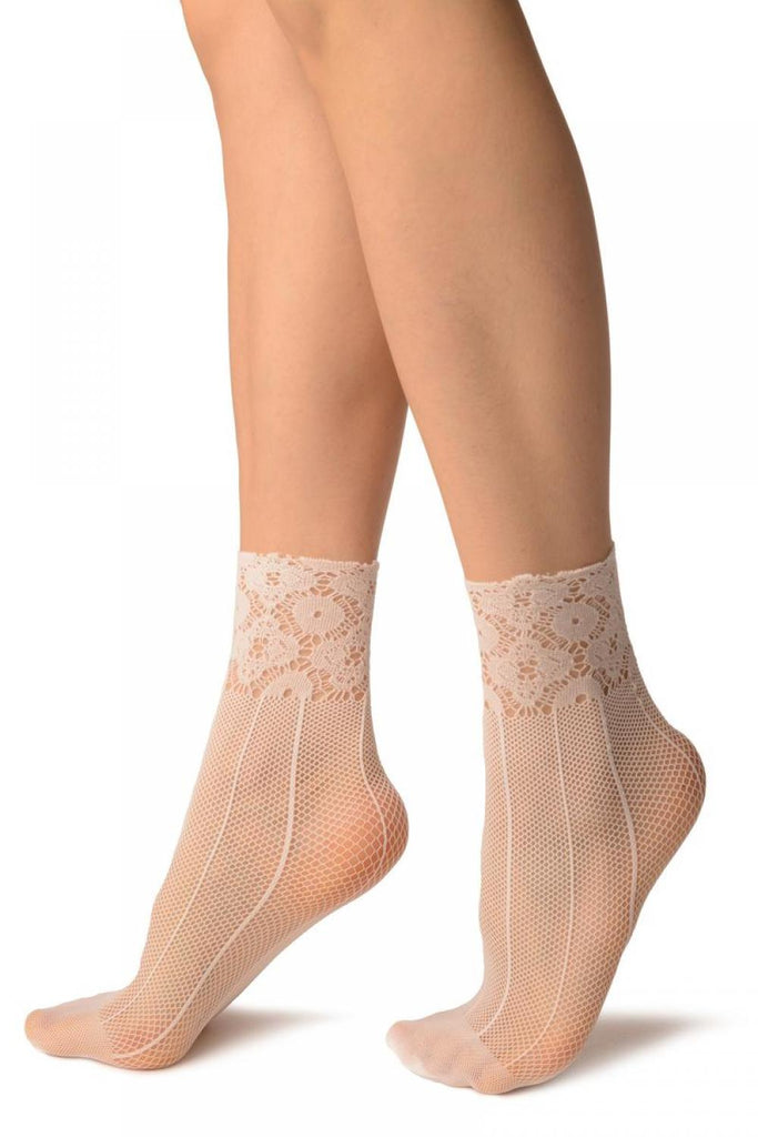 Liss Kiss White Pinstriped Mesh Socks Ankle High - Socks