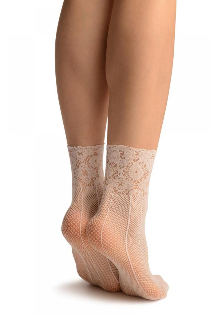 Liss Kiss White Pinstriped Mesh Socks Ankle High - Socks