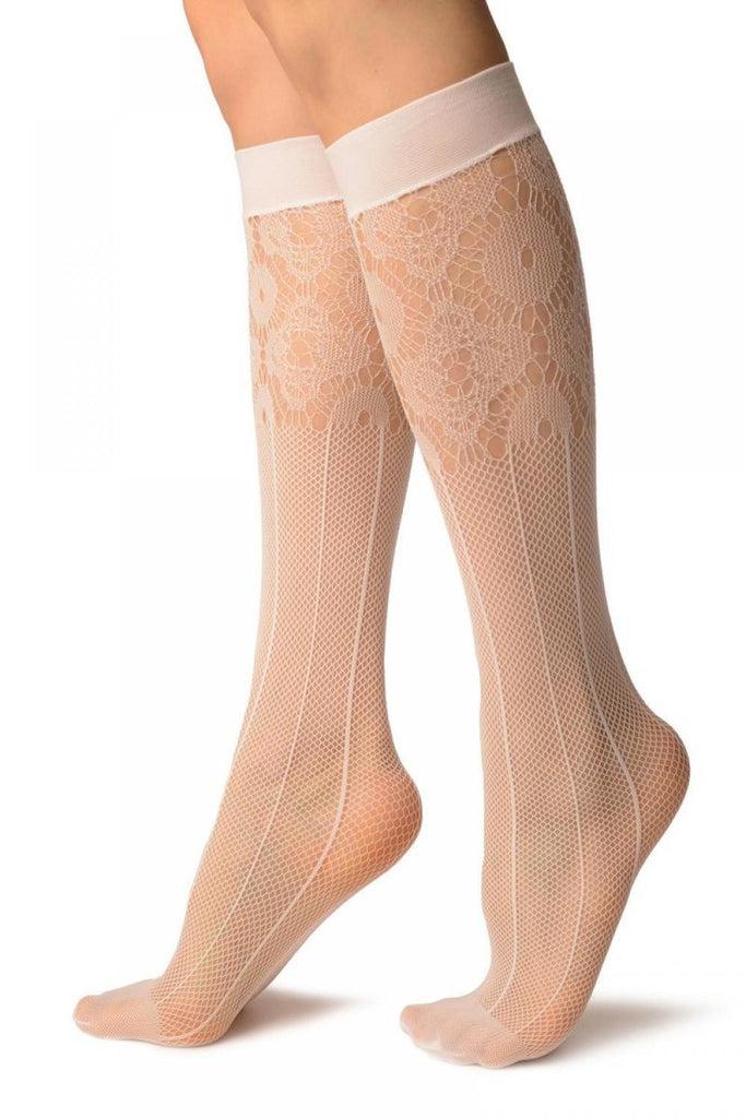 Liss Kiss White Pinstriped Mesh Socks Knee High - Socks