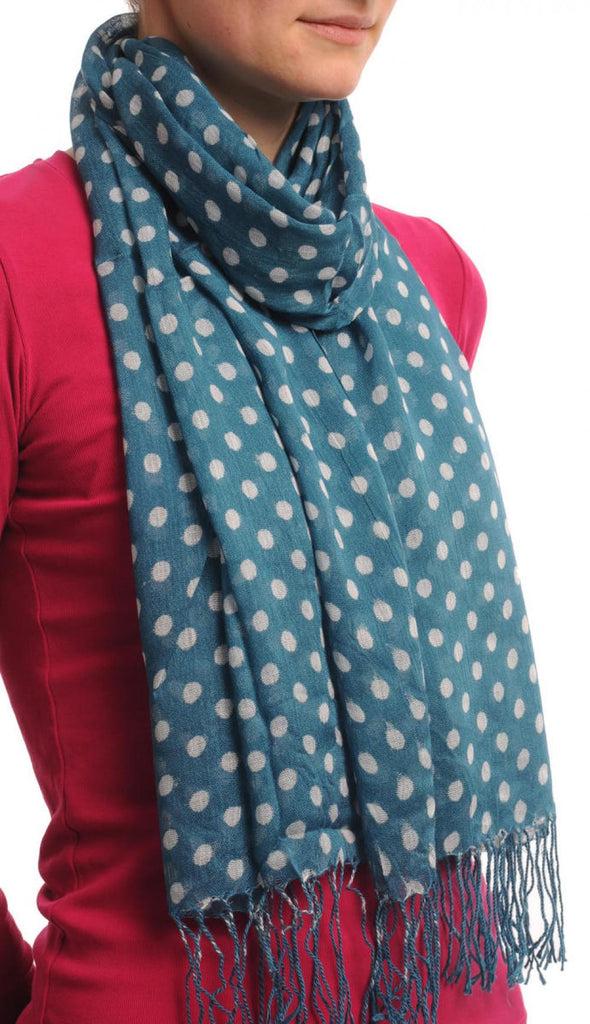 Liss Kiss White Polka Dots On Cerulean Blue With Tassels - Scarf