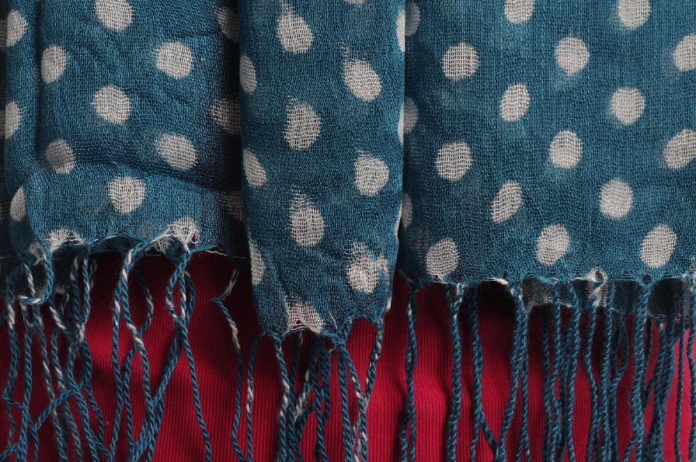 Liss Kiss White Polka Dots On Cerulean Blue With Tassels - Scarf