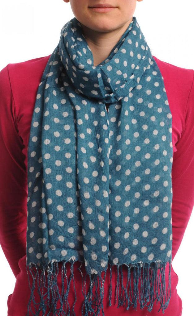 liss kiss White Polka Dots On Cerulean Blue With Tassels - Scarf