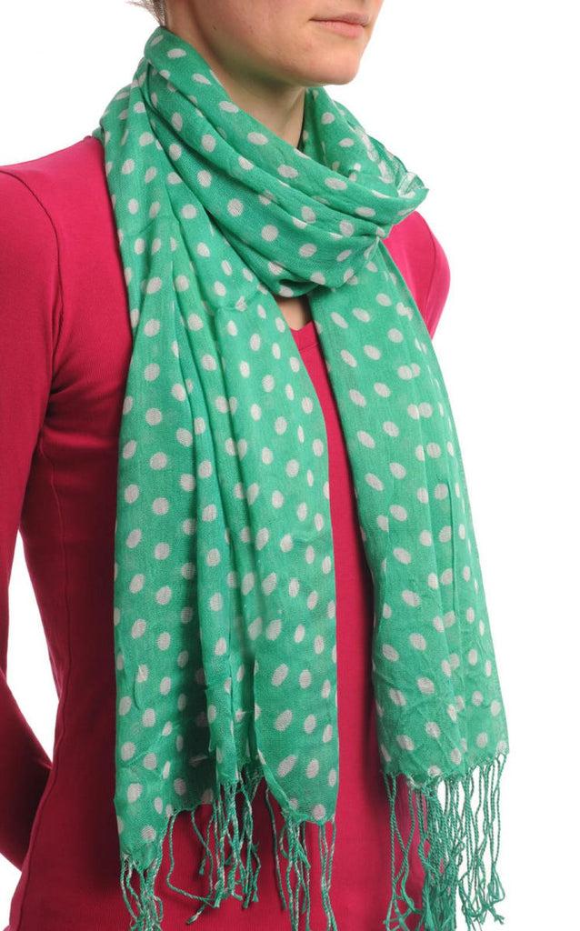 Liss Kiss White Polka Dots On Green With Tassels - Scarf