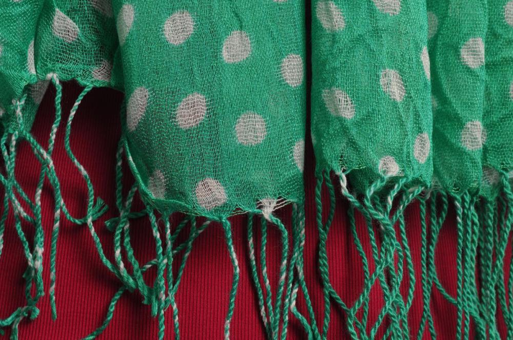 Liss Kiss White Polka Dots On Green With Tassels - Scarf