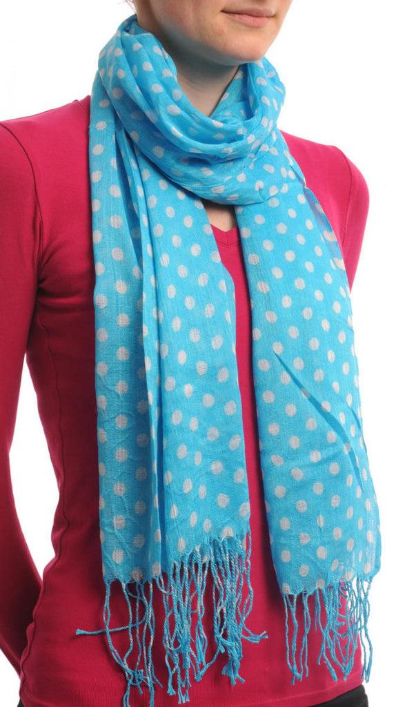 Liss Kiss White Polka Dots On Maya Blue With Tassels - Scarf