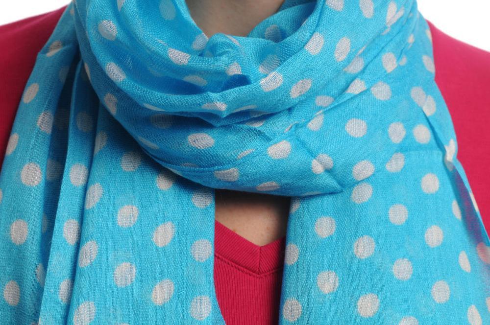 Liss Kiss White Polka Dots On Maya Blue With Tassels - Scarf