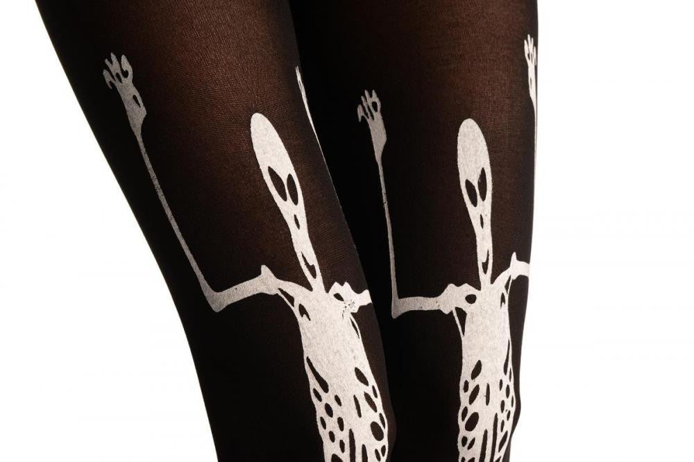 Liss Kiss White Printed Large Dancing Skeletons On Black (Halloween) - Tights