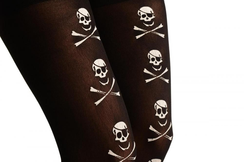Liss Kiss White Printed Skull & Crossbones Seam On Black (Halloween) - Hold Ups