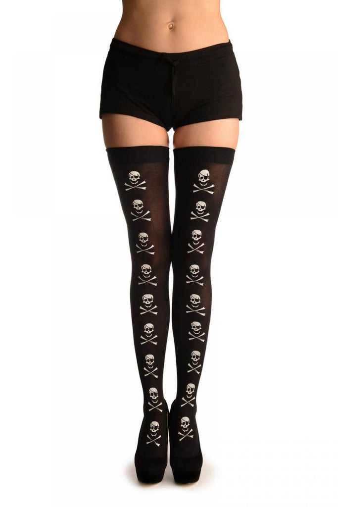 liss kiss White Printed Skull & Crossbones Seam On Black (Halloween) - Hold Ups