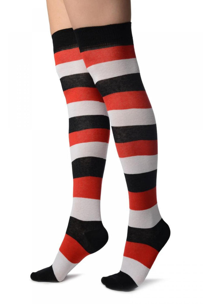 Liss Kiss White Red And Black Stripes Over The Knee Socks - Over The Knee Socks