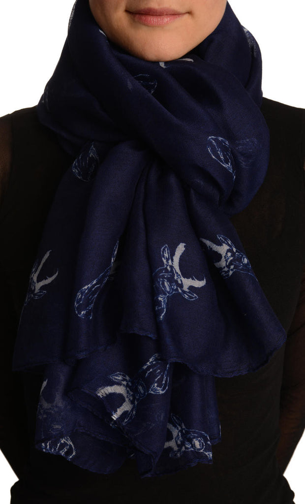Liss Kiss White Reindeers On Navy Blue Unisex Scarf & Beach Sarong - Scarf