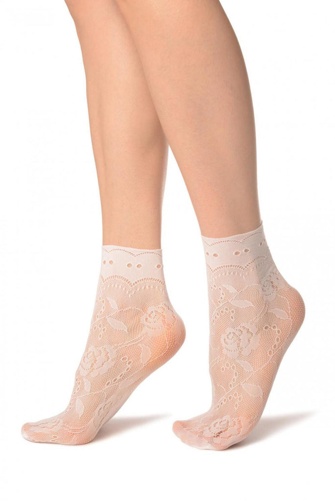 Liss Kiss White Roses Lace With Comfort Top Ankle High Socks - Socks