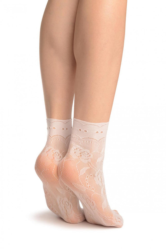 Liss Kiss White Roses Lace With Comfort Top Ankle High Socks - Socks
