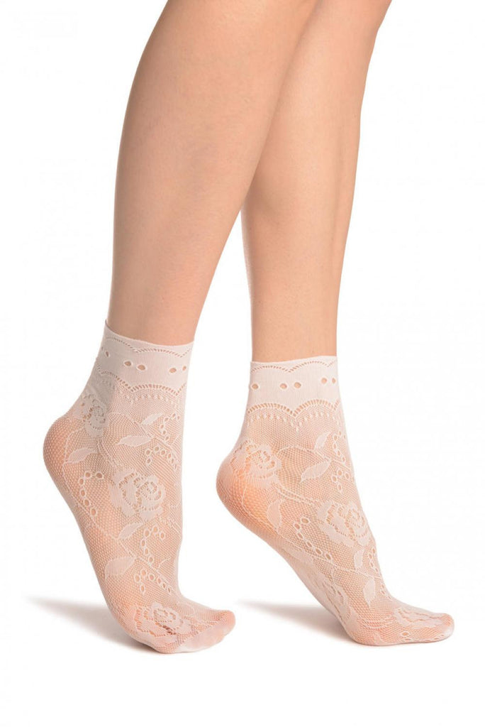 liss kiss White Roses Lace With Comfort Top Ankle High Socks - Socks