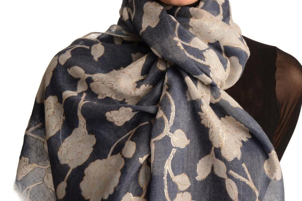Liss Kiss White Roses With Gold Trim On Blue Scarf - Scarf