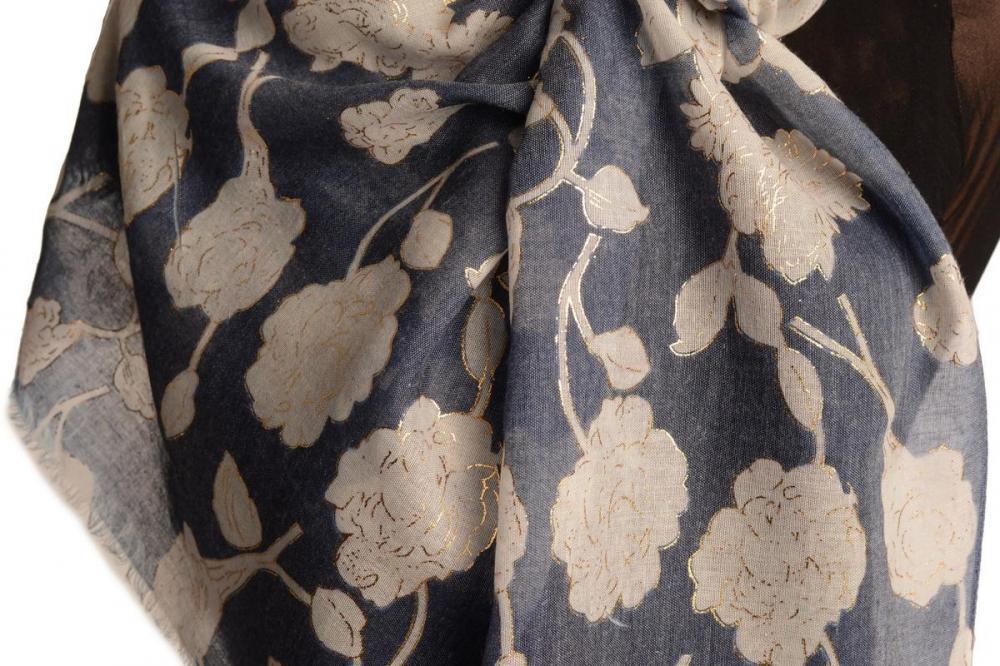 Liss Kiss White Roses With Gold Trim On Blue Scarf - Scarf