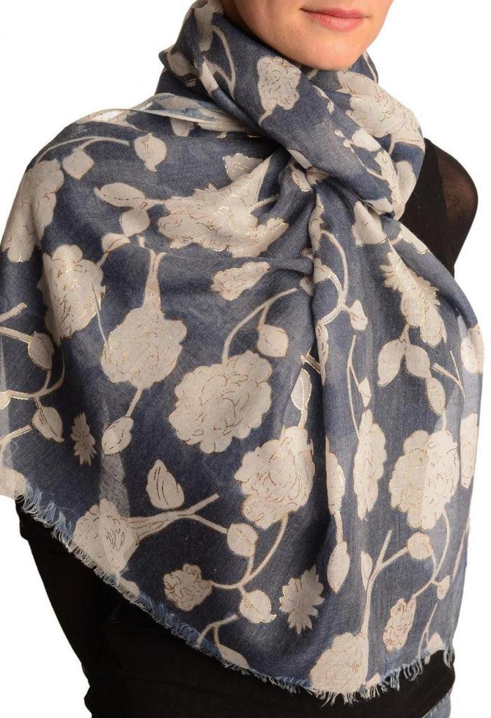 Liss Kiss White Roses With Gold Trim On Blue Scarf - Scarf