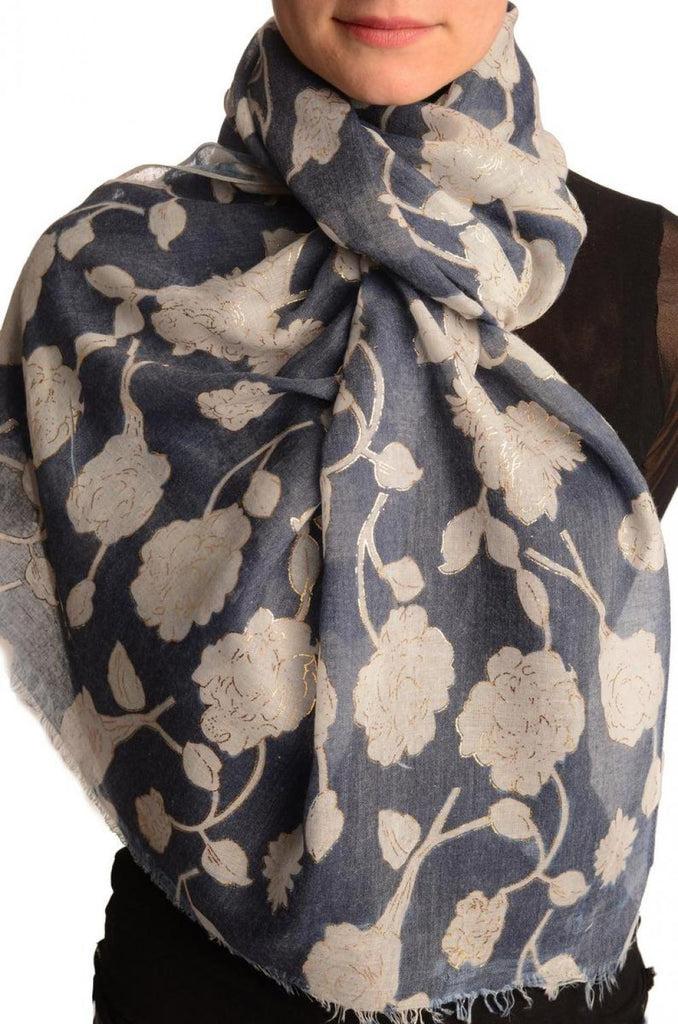 liss kiss White Roses With Gold Trim On Blue Scarf - Scarf