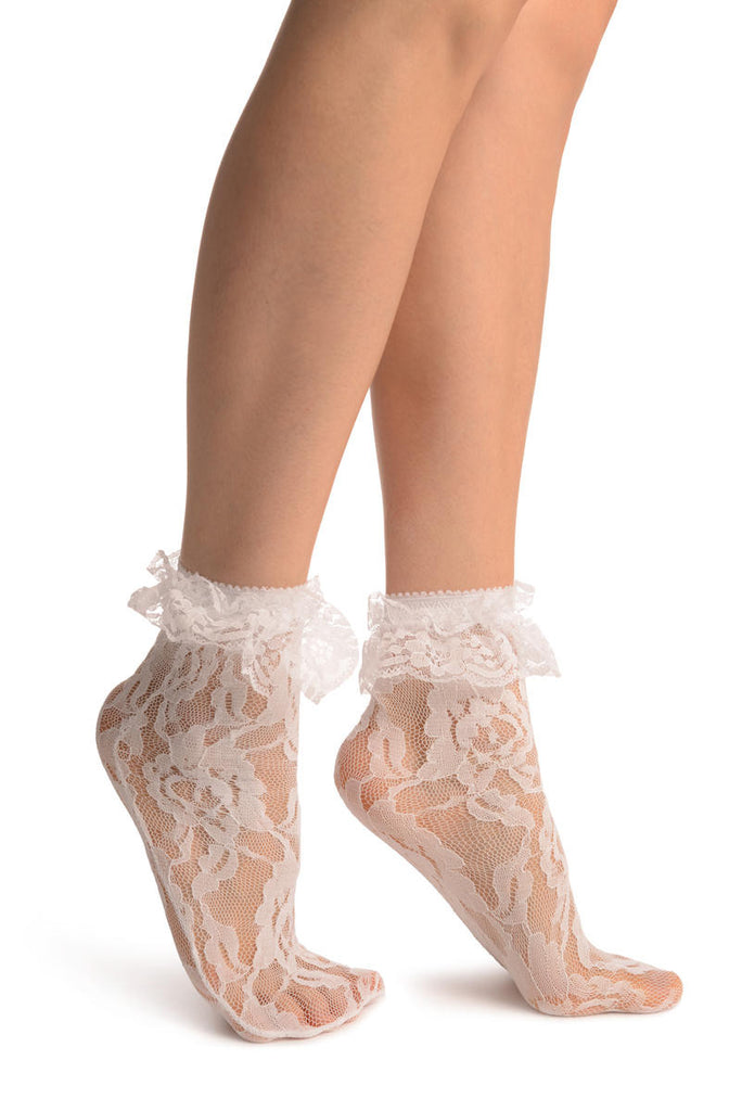 liss kiss White Ruffled Stretch Lace Ankle High Socks - Socks