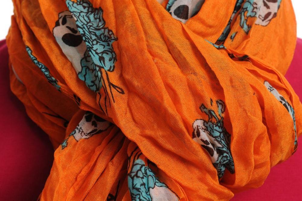 Liss Kiss White Skulls With Blue Roses On Orange - Scarf