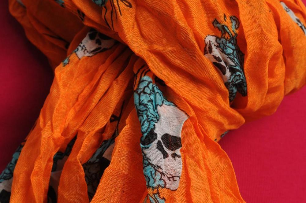 Liss Kiss White Skulls With Blue Roses On Orange - Scarf