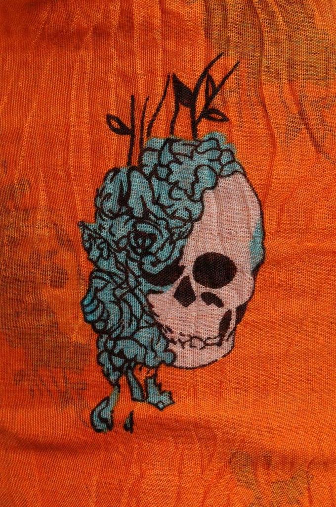 Liss Kiss White Skulls With Blue Roses On Orange - Scarf