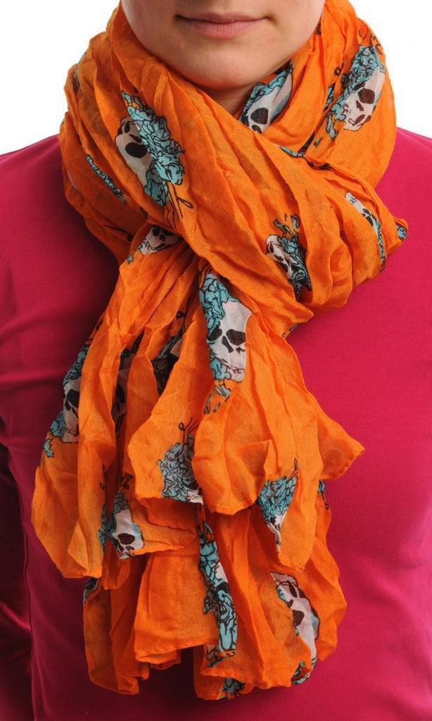 liss kiss White Skulls With Blue Roses On Orange - Scarf