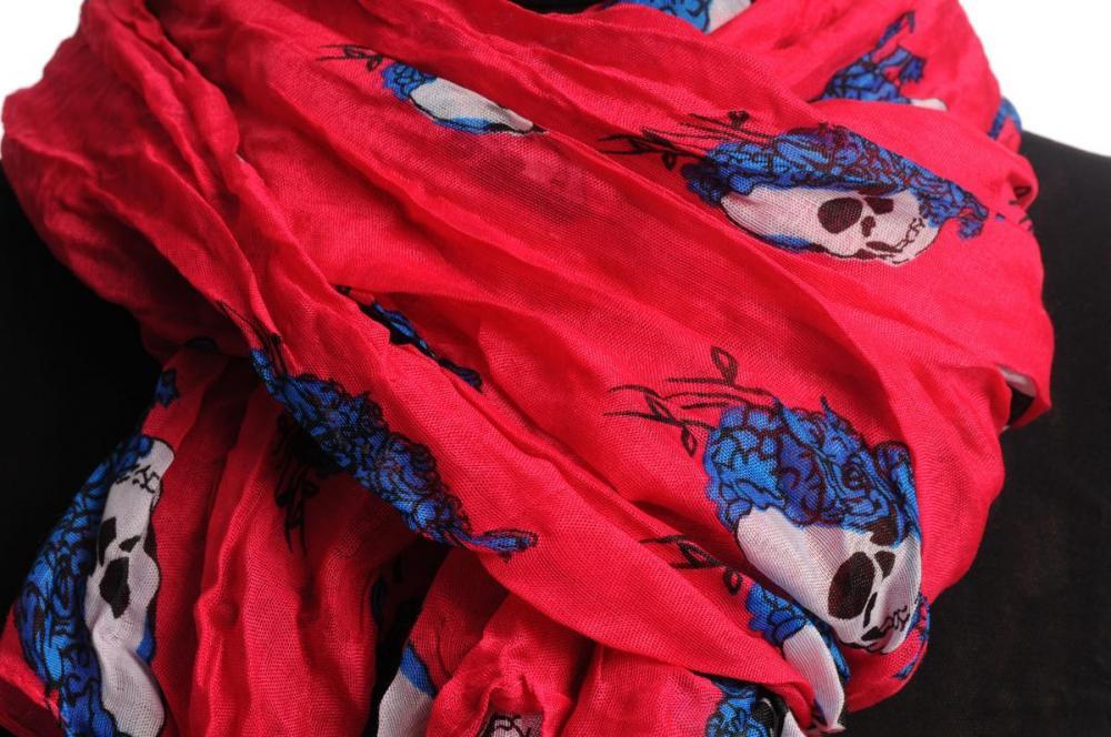 Liss Kiss White Skulls With Navy Blue Roses On Pink - Scarf