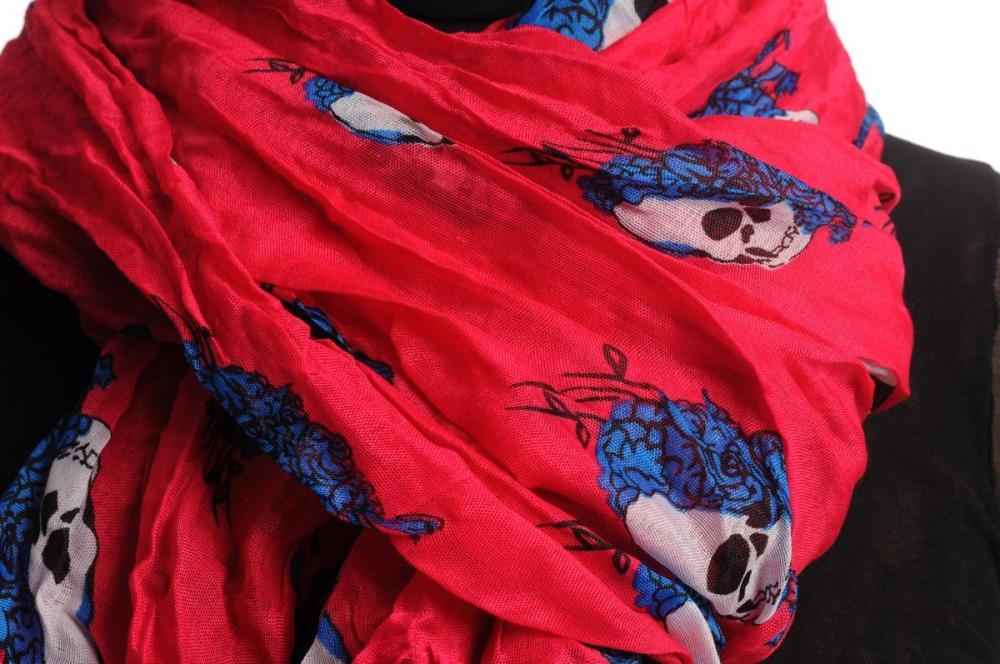 Liss Kiss White Skulls With Navy Blue Roses On Pink - Scarf