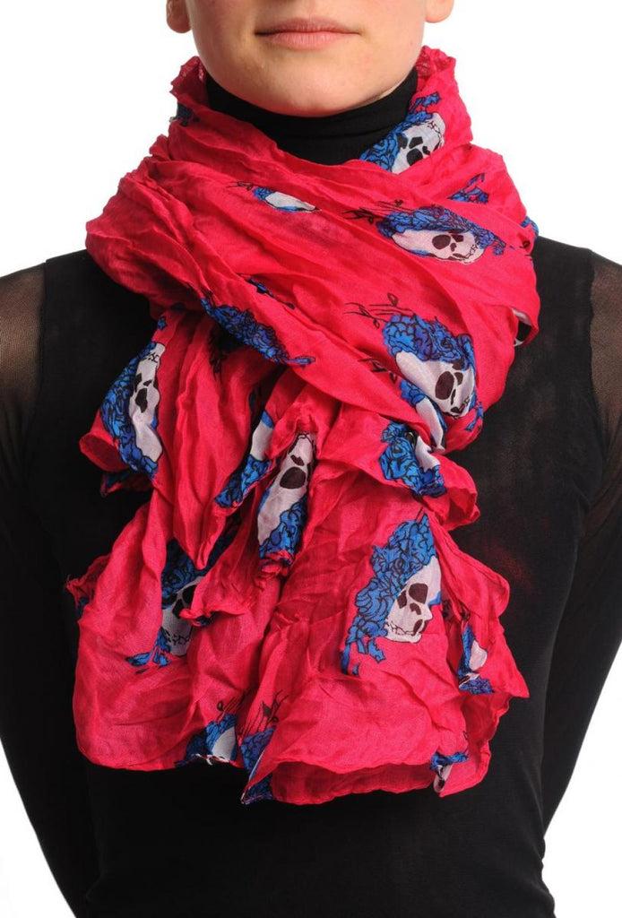 liss kiss White Skulls With Navy Blue Roses On Pink - Scarf