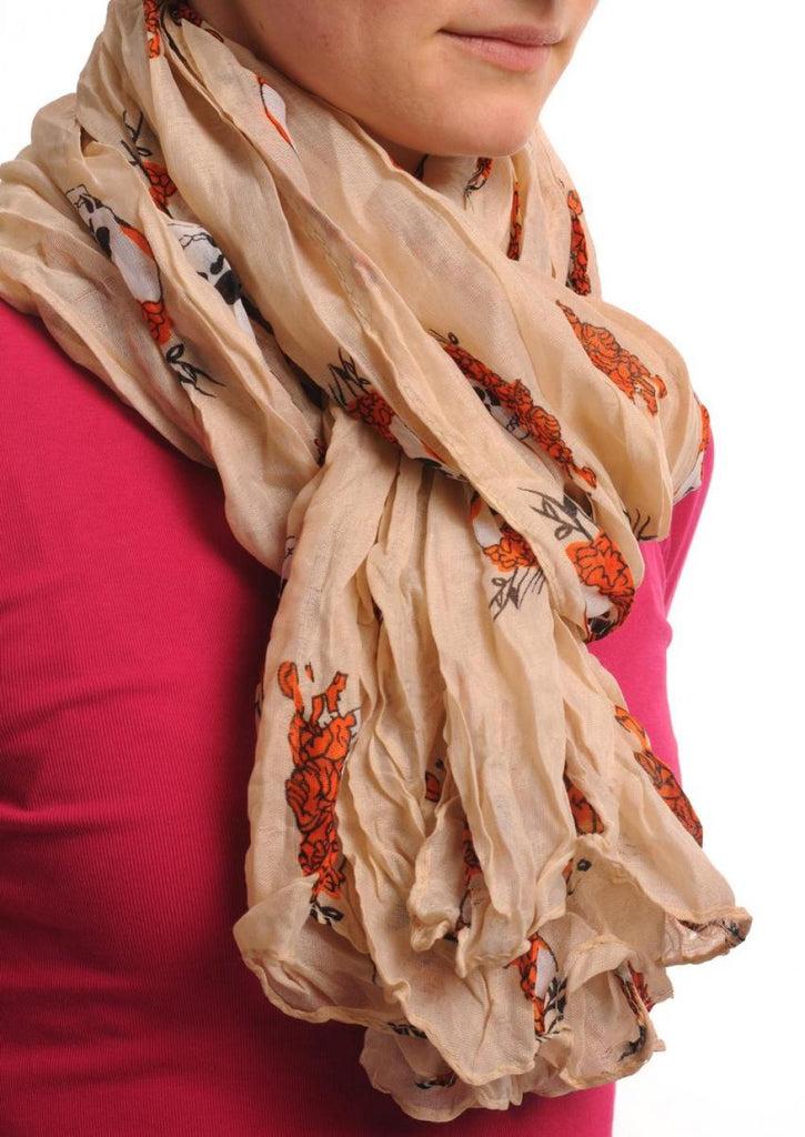 Liss Kiss White Skulls With Orange Roses On Beige - Scarf