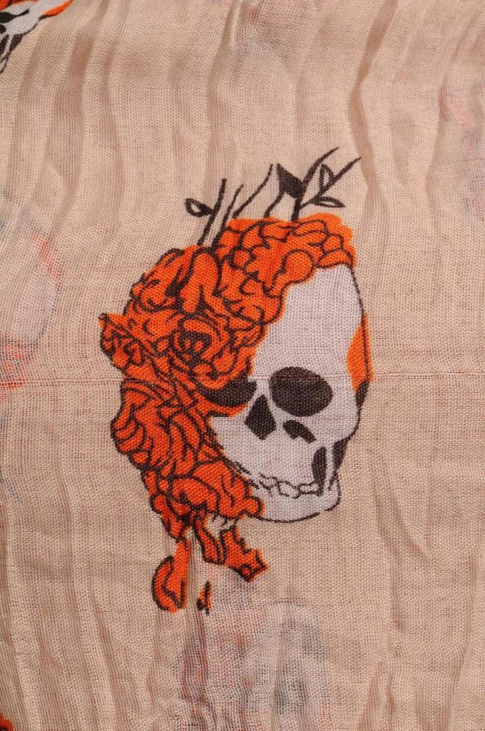 Liss Kiss White Skulls With Orange Roses On Beige - Scarf