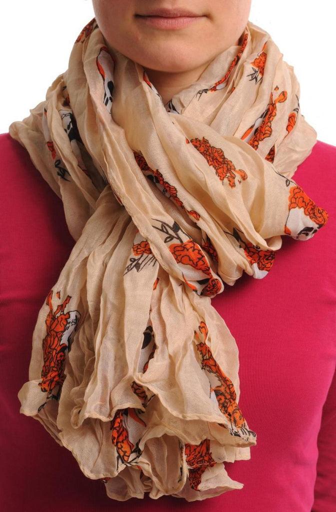 liss kiss White Skulls With Orange Roses On Beige - Scarf