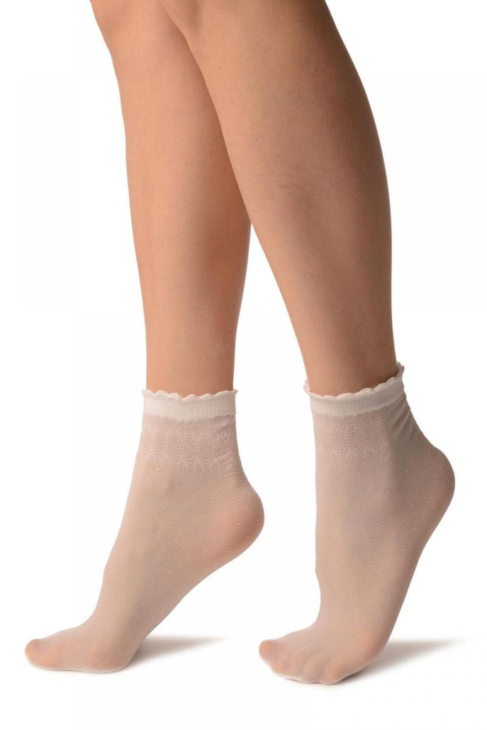 Liss Kiss White Small Polka Dots And Rhombus Tops Ankle High Socks - Socks
