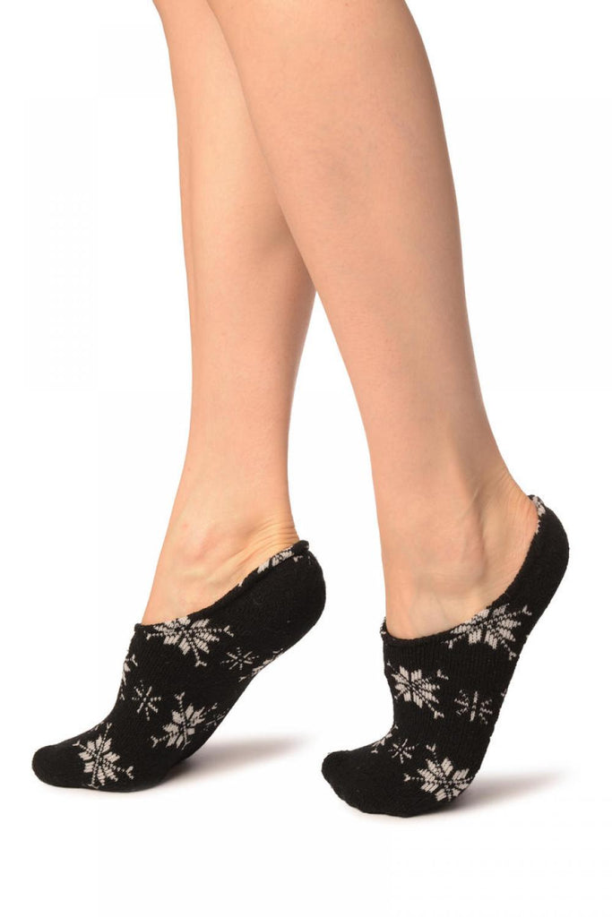 Liss Kiss White Snowflakes On Black Angora Footies Socks - Footsies Socks